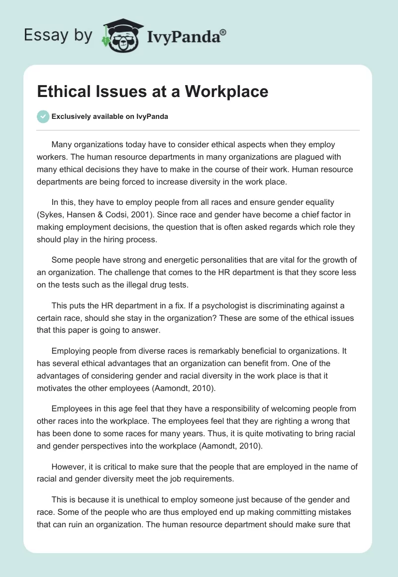 Ethical Issues at a Workplace. Page 1