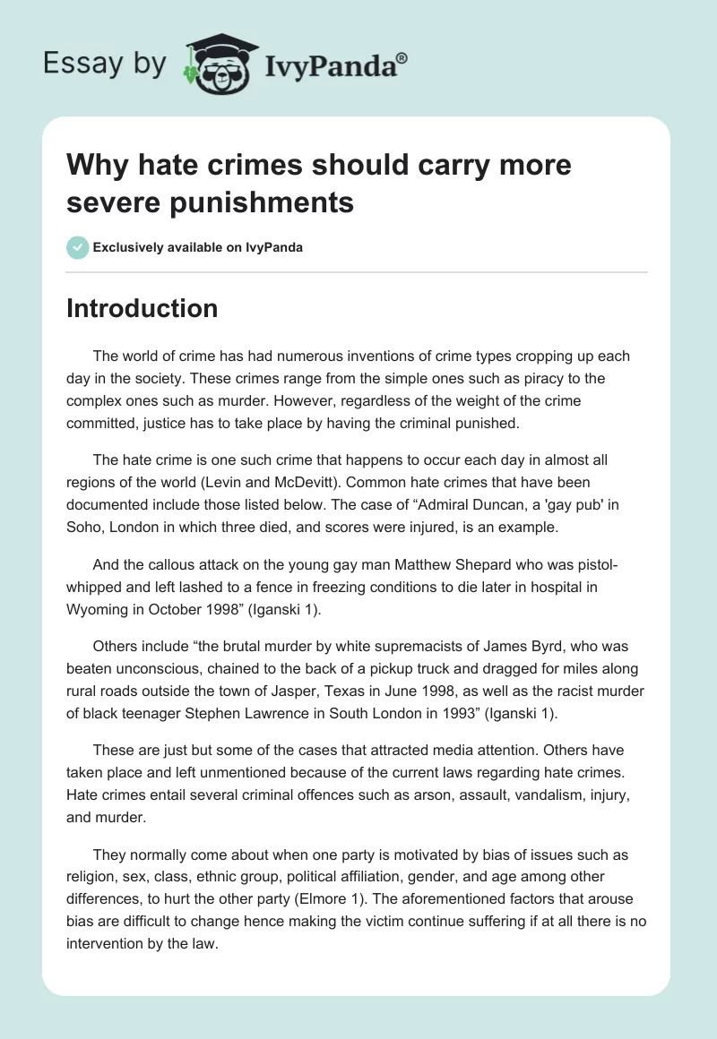Why Hate Crimes Should Carry More Severe Punishments. Page 1
