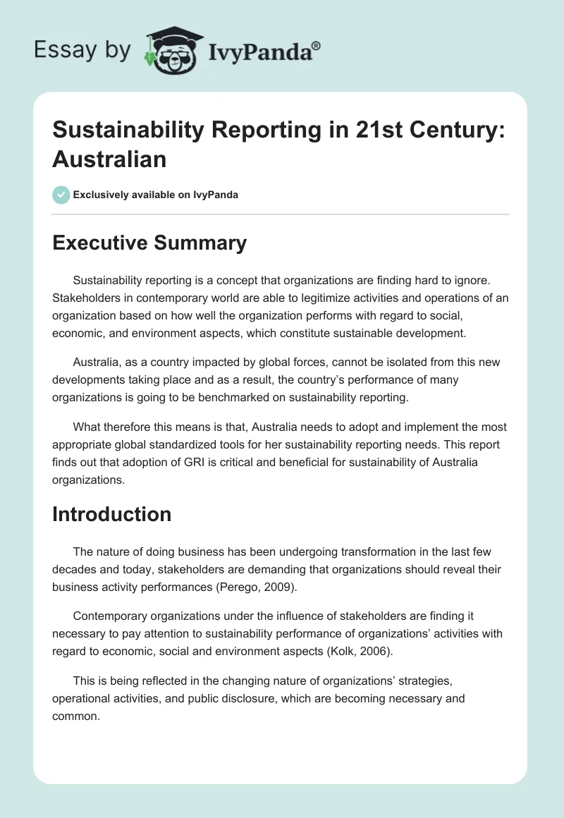 Sustainability Reporting in 21st Century: Australian. Page 1