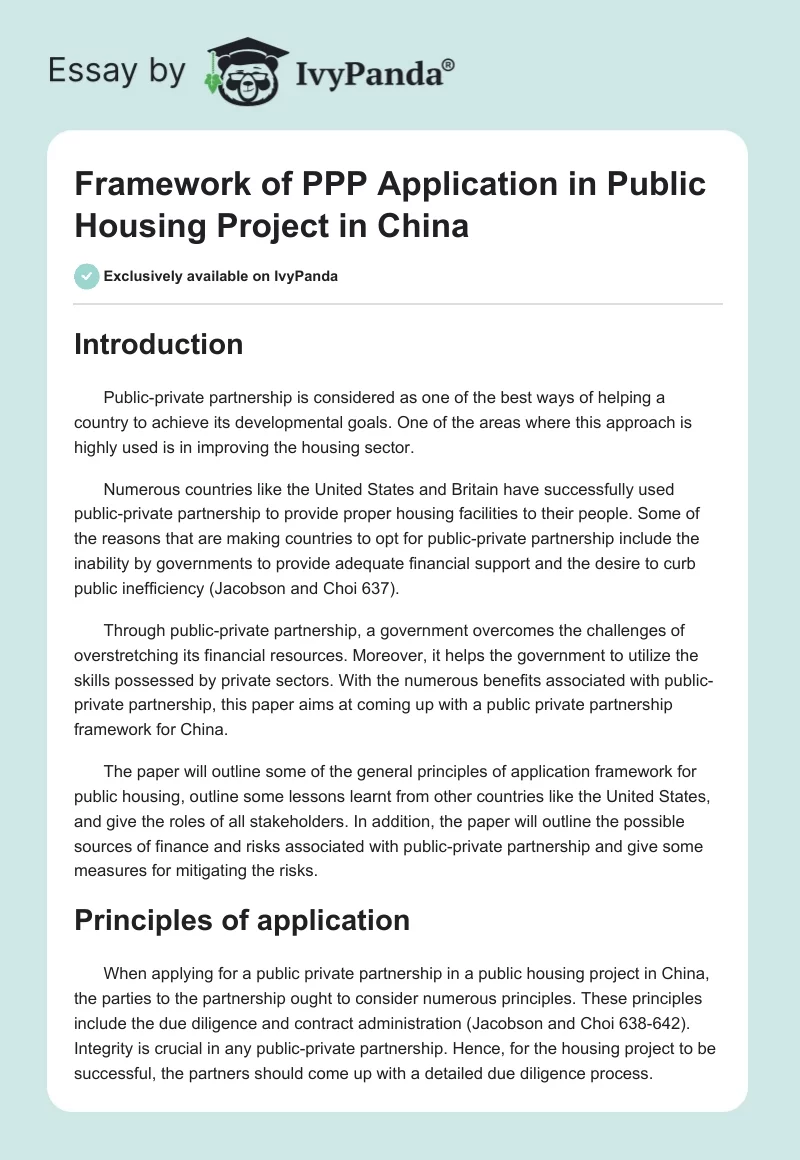 Framework of PPP Application in Public Housing Project in China. Page 1