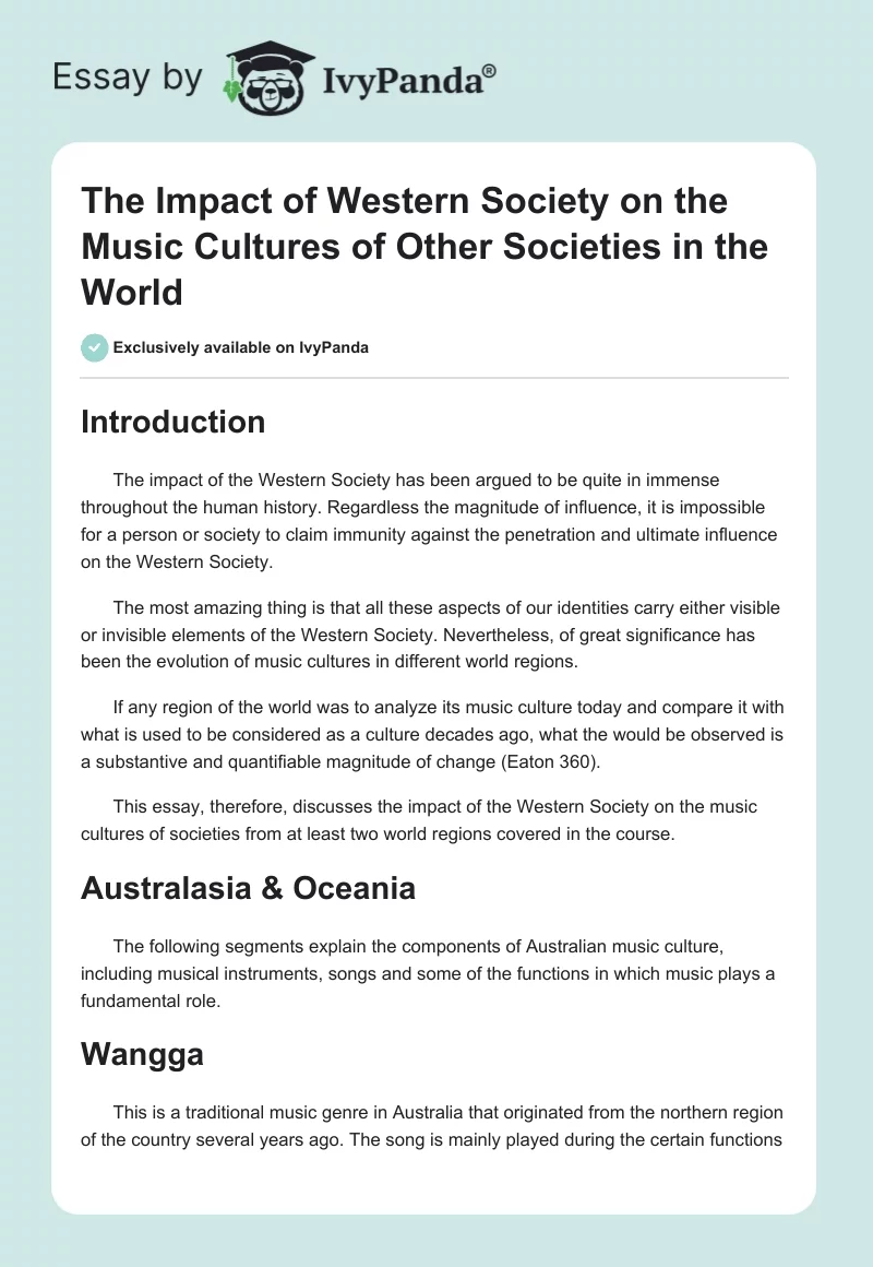 The Impact of Western Society on the Music Cultures of Other Societies in the World. Page 1