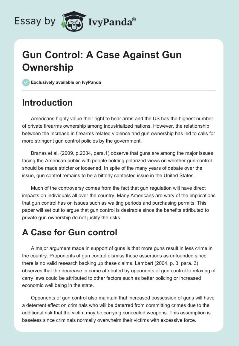 Gun Control: A Case Against Gun Ownership. Page 1