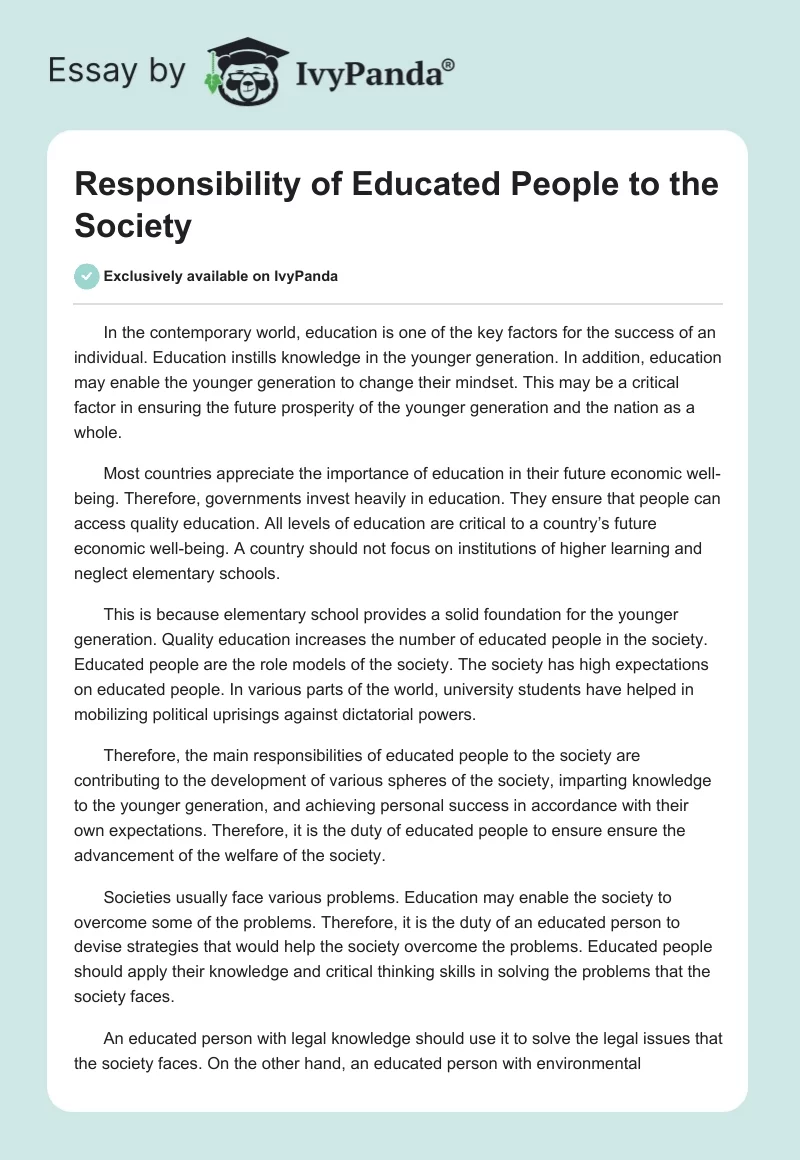 Responsibility of Educated People to the Society. Page 1