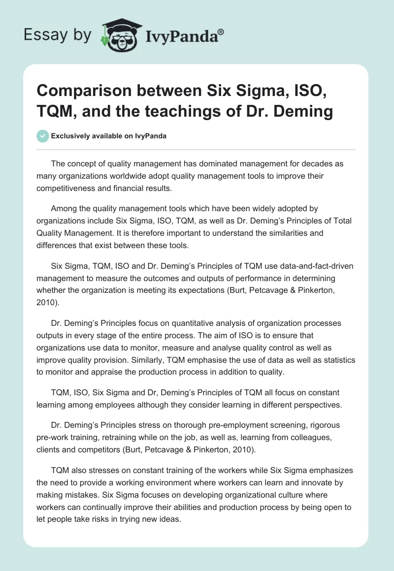 Comparison between Six Sigma, ISO, TQM, and the teachings of Dr. Deming. Page 1