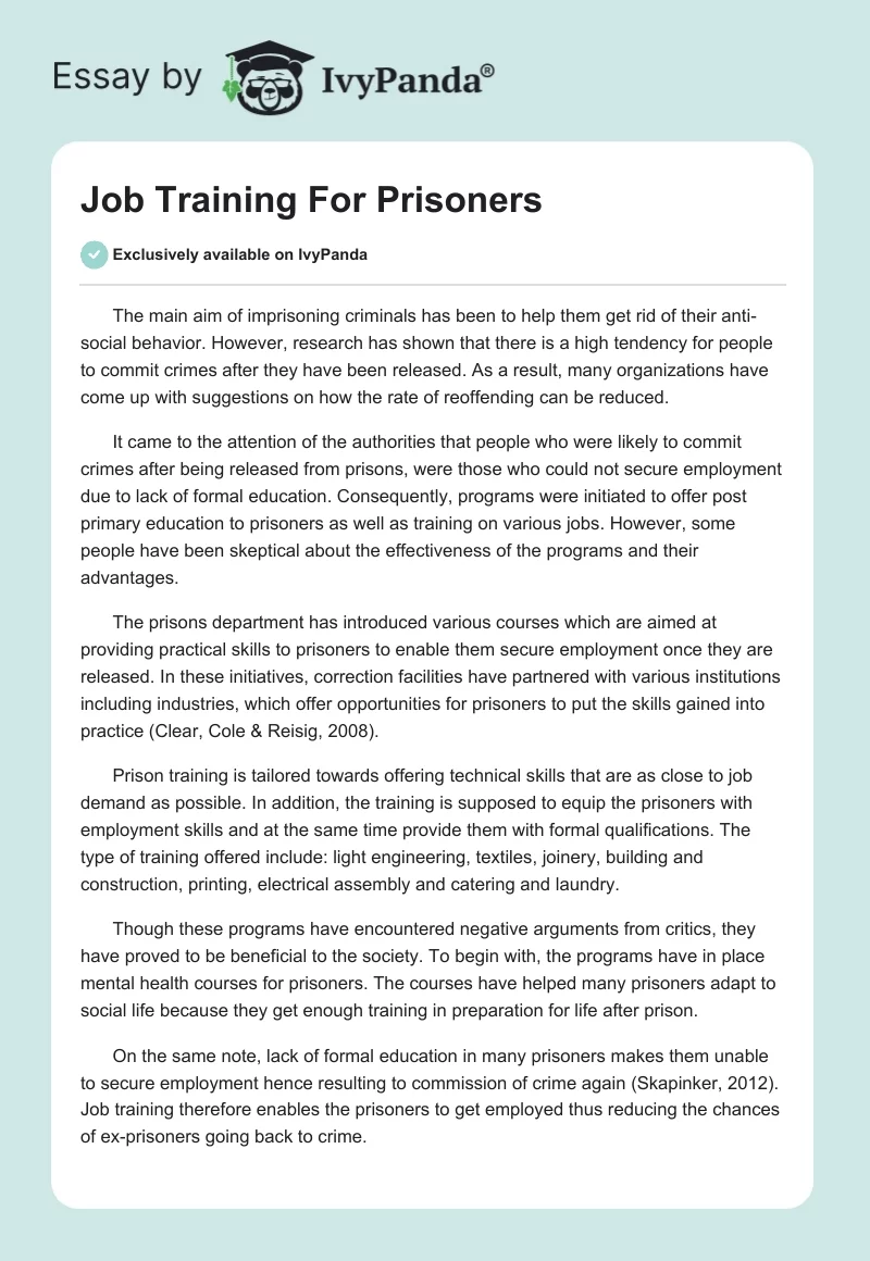 Job Training For Prisoners. Page 1