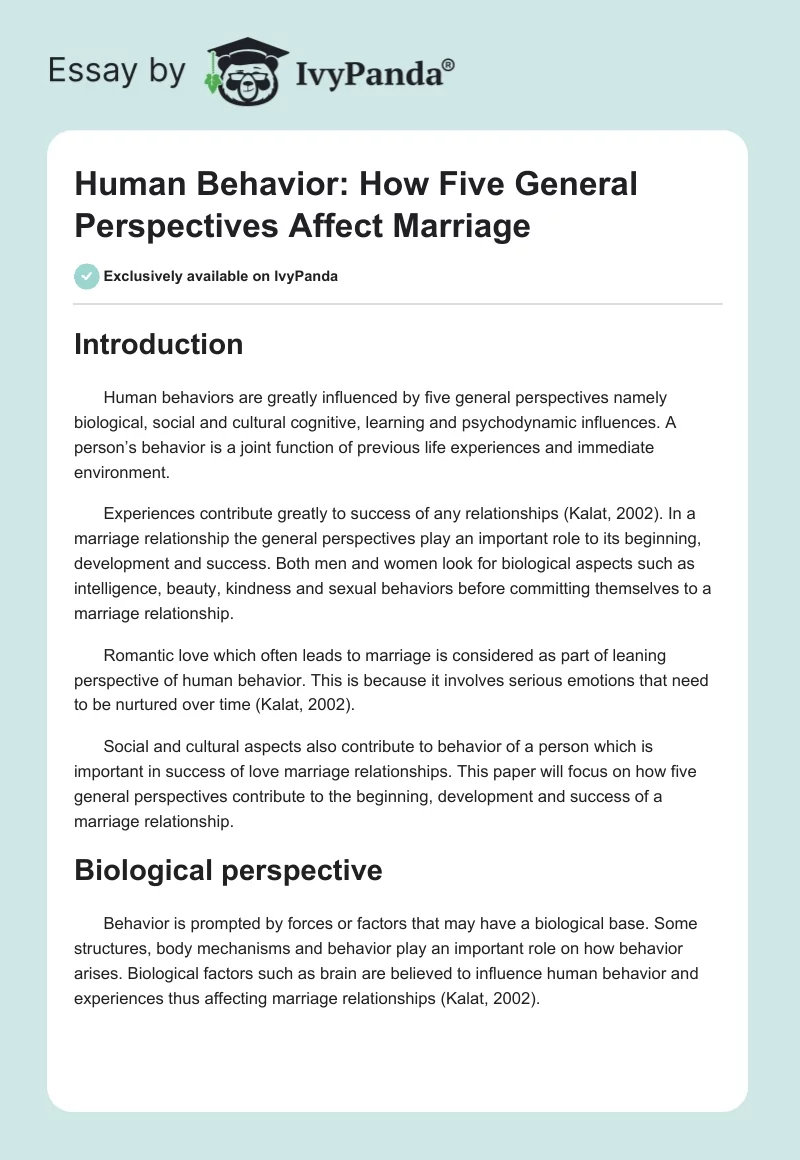 Human Behavior: How Five General Perspectives Affect Marriage. Page 1