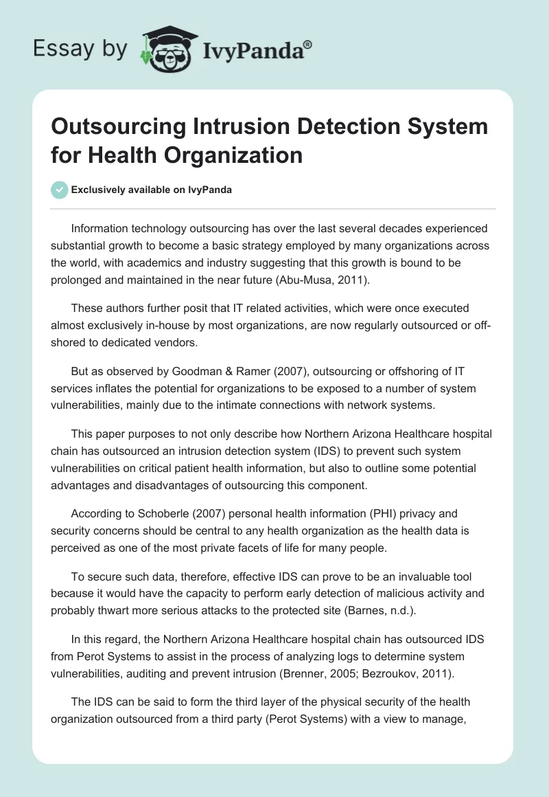 Outsourcing Intrusion Detection System for Health Organization. Page 1