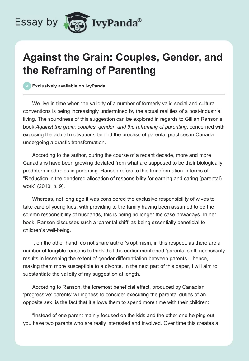 "Against the Grain: Couples, Gender, and the Reframing of Parenting". Page 1