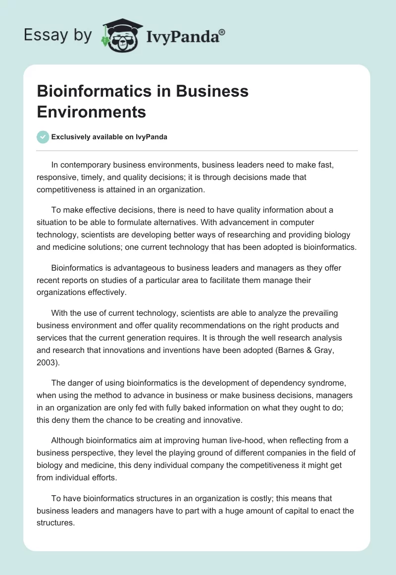 Bioinformatics in Business Environments - 547 Words | Report Example