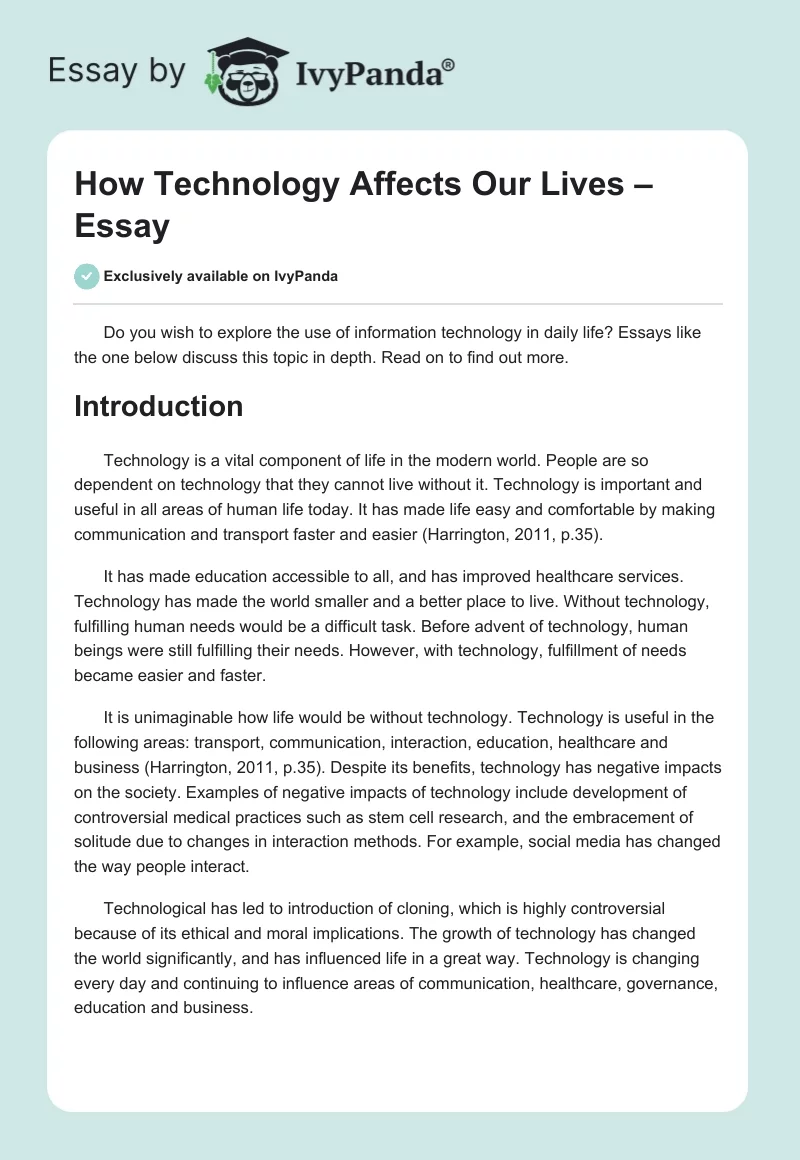 How Technology Affects Our Lives – Essay. Page 1