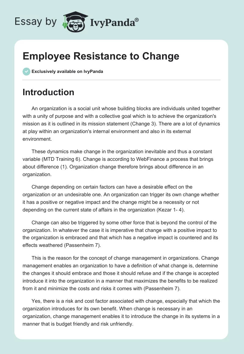 Employee Resistance to Change. Page 1