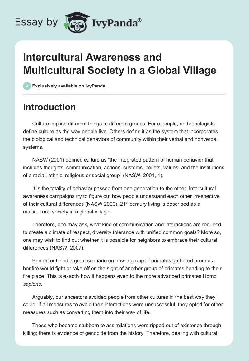 Intercultural Awareness and Multicultural Society in a Global Village. Page 1