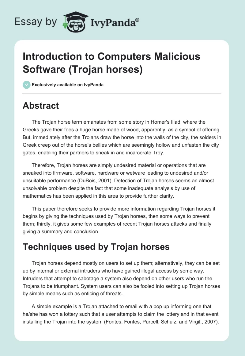 Introduction to Computers Malicious Software (Trojan Horses). Page 1