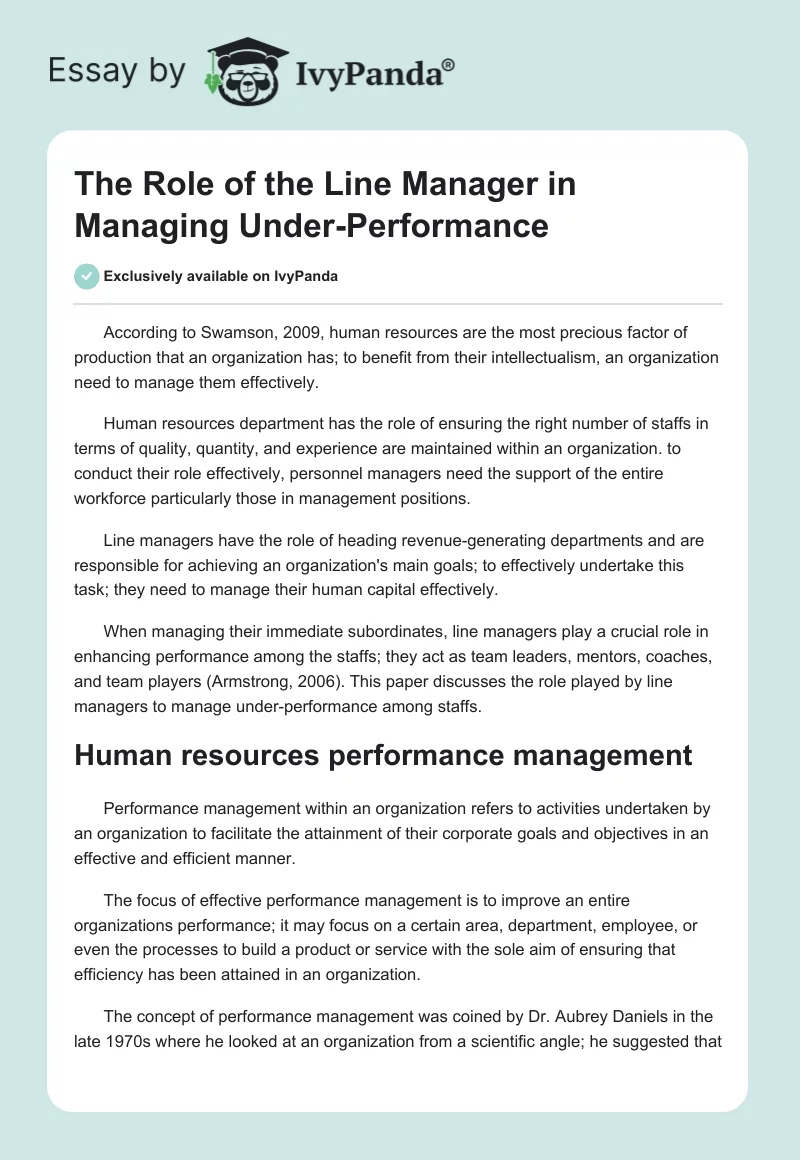 The Role of the Line Manager in Managing Under-Performance. Page 1