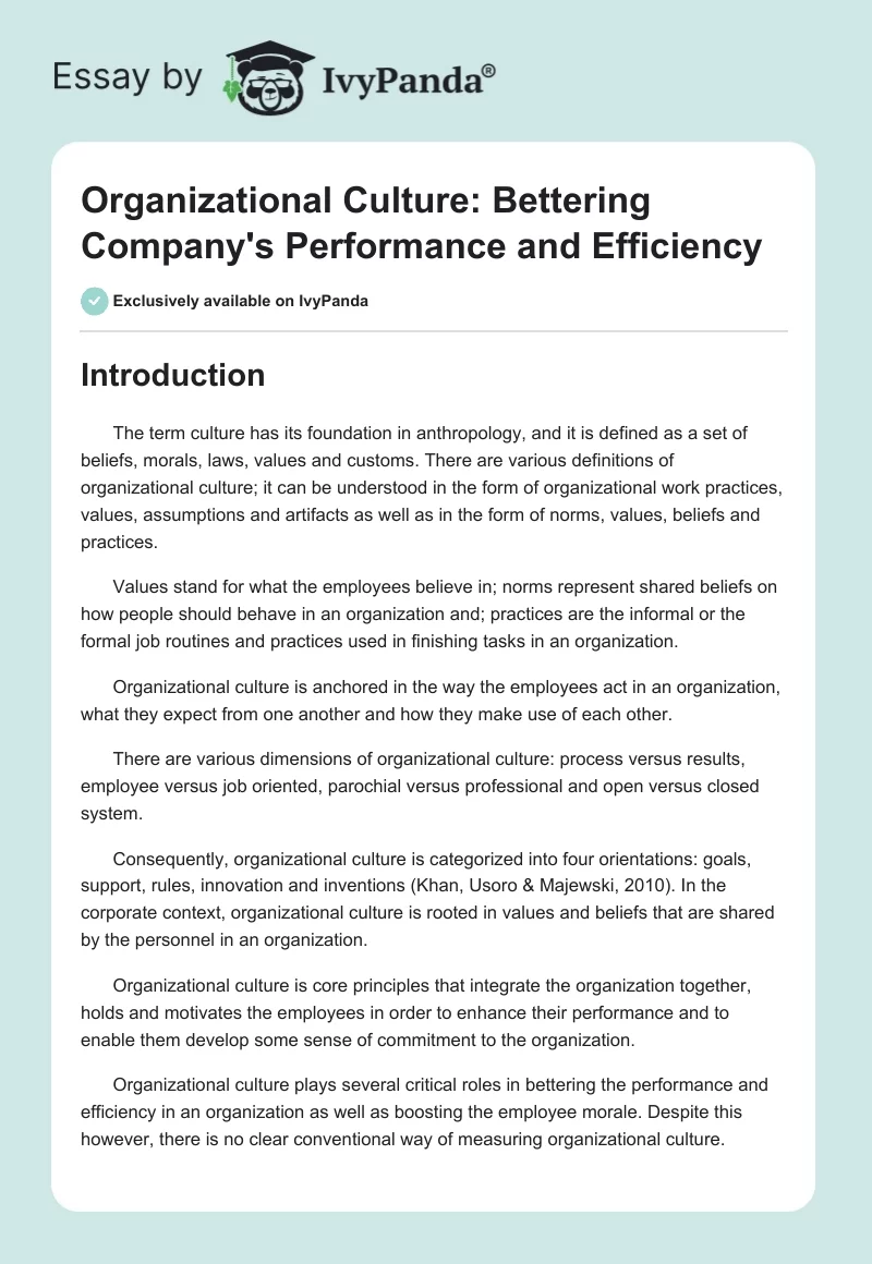 Organizational Culture: Bettering Company's Performance and Efficiency. Page 1