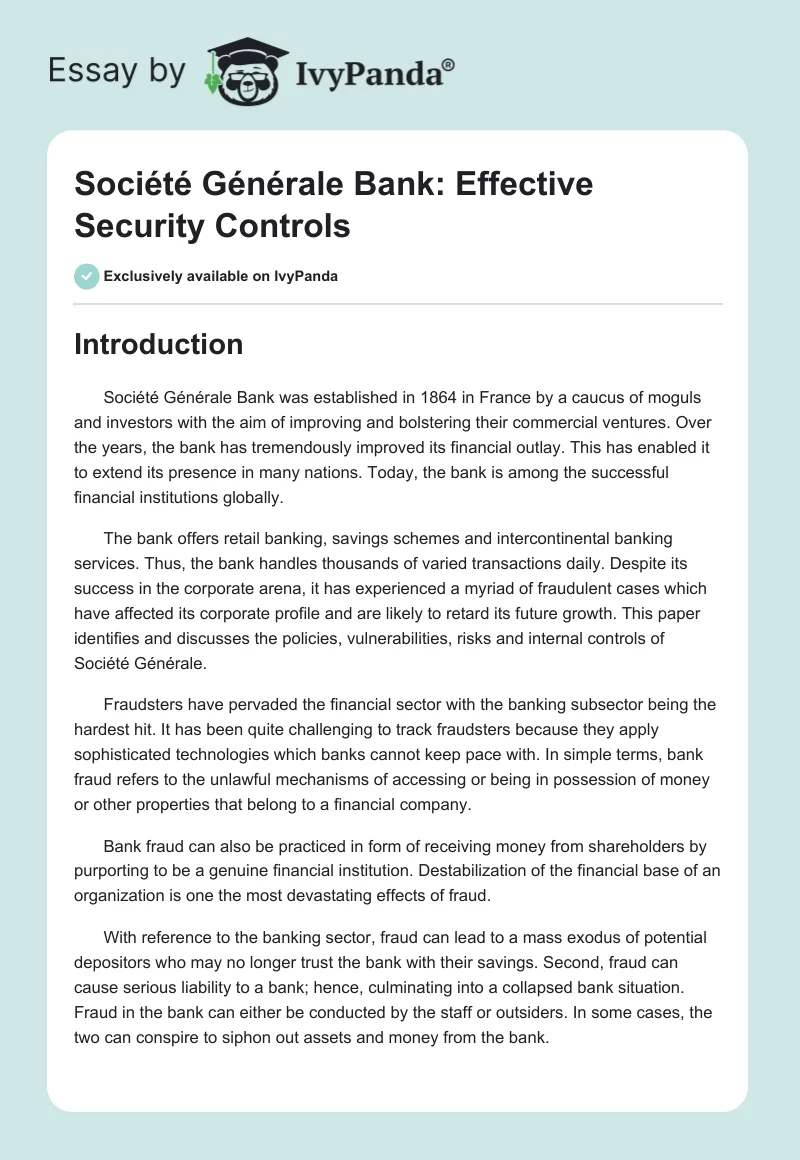 Société Générale Bank: Effective Security Controls. Page 1