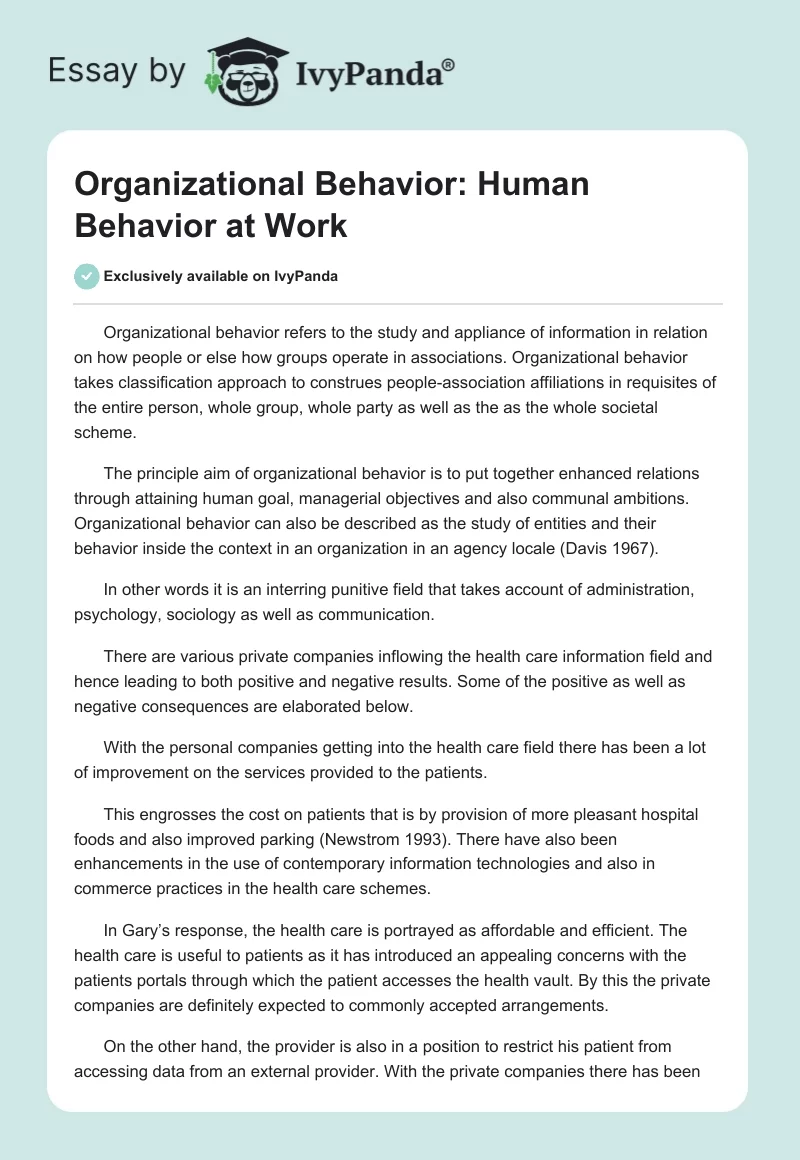 Organizational Behavior: Human Behavior at Work. Page 1