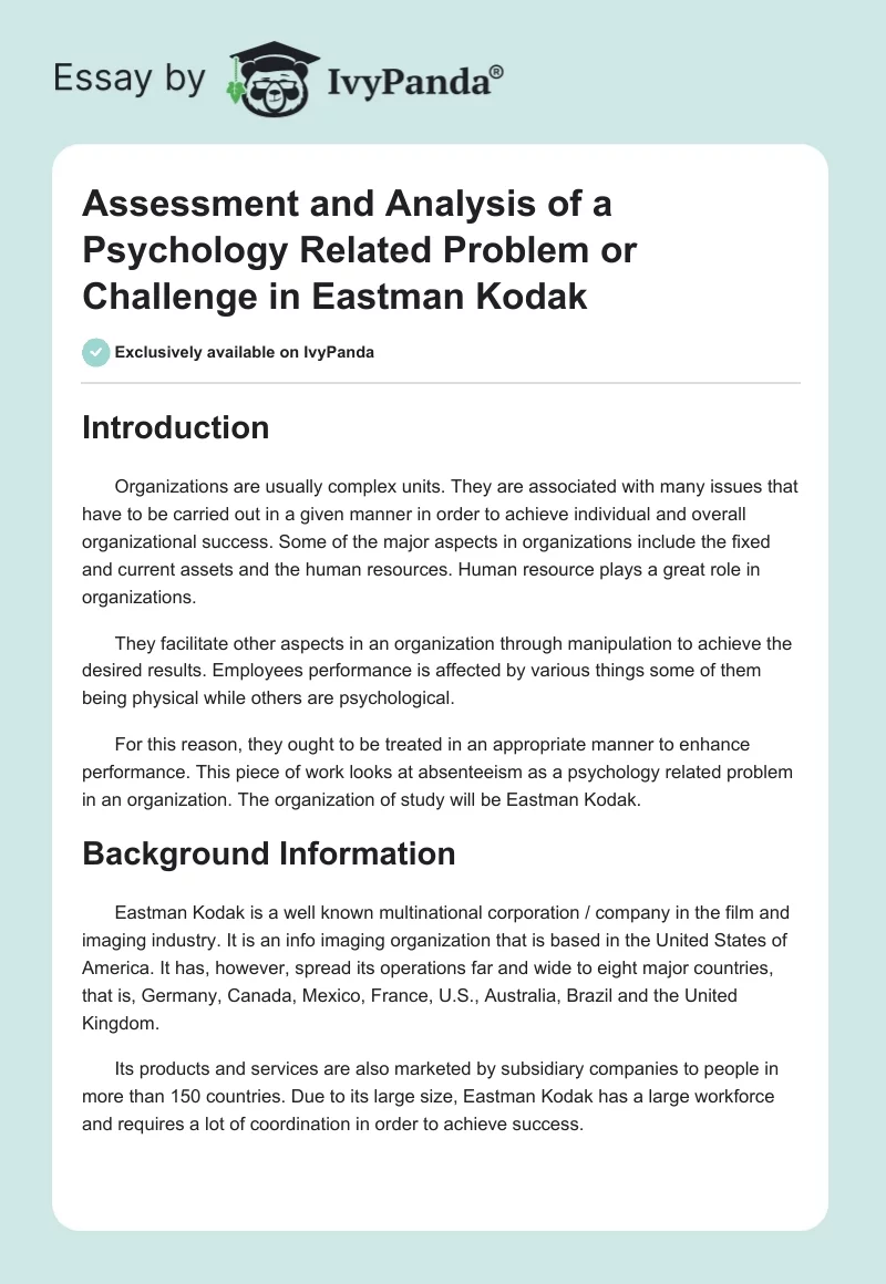 Assessment and Analysis of a Psychology Related Problem or Challenge in Eastman Kodak. Page 1