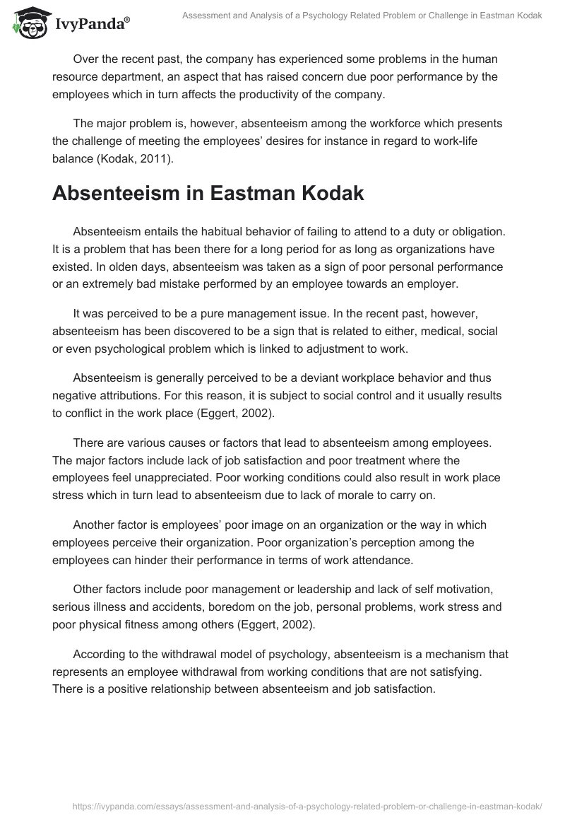 Assessment and Analysis of a Psychology Related Problem or Challenge in Eastman Kodak. Page 2