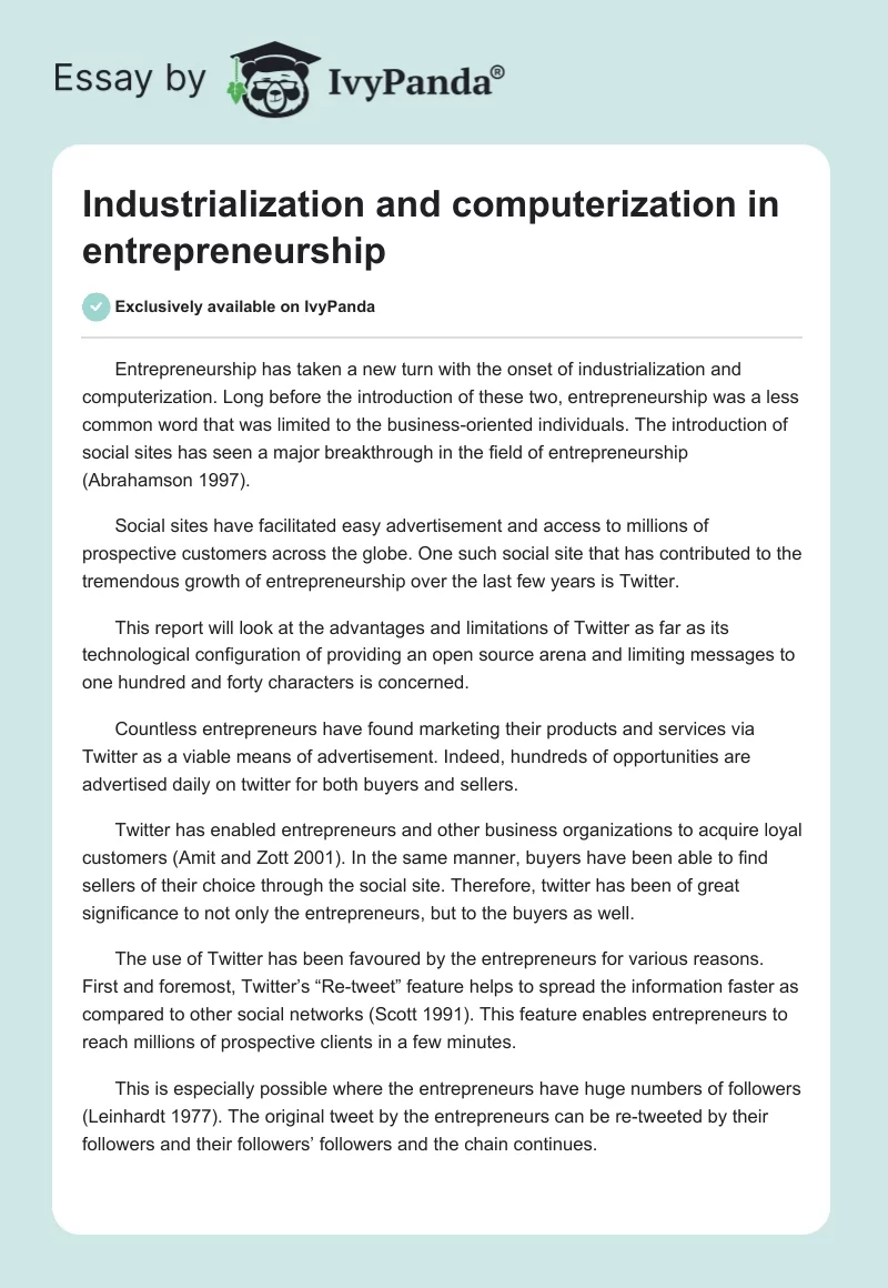 Industrialization and computerization in entrepreneurship. Page 1
