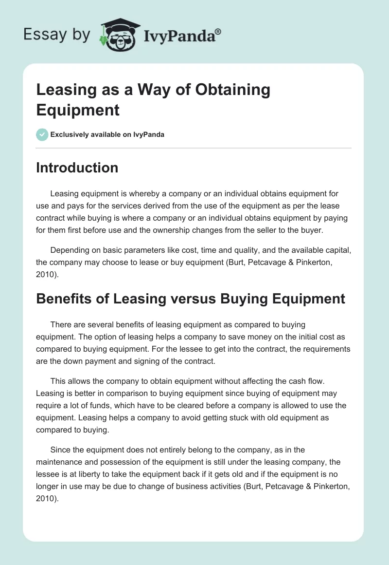 Leasing as a Way of Obtaining Equipment. Page 1