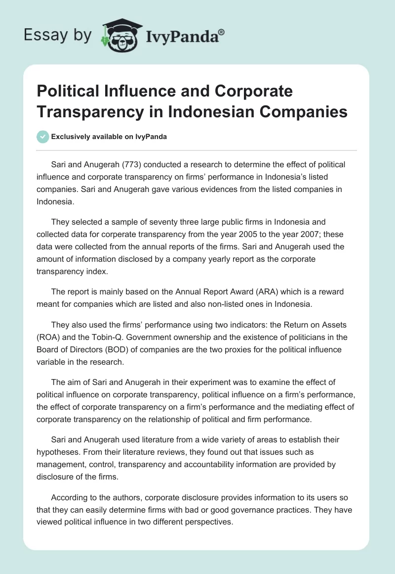 Political Influence and Corporate Transparency in Indonesian Companies. Page 1