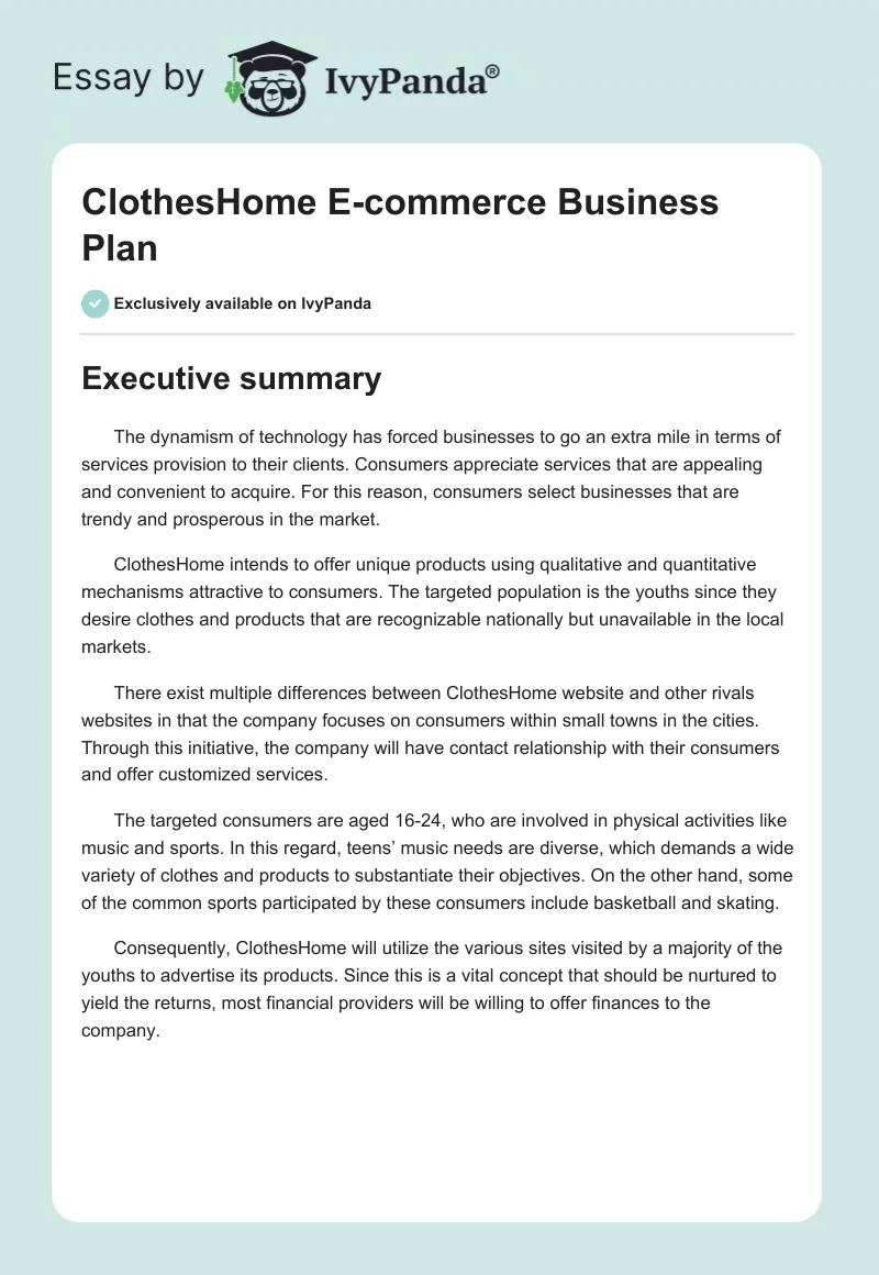 ClothesHome E-Commerce Business Plan. Page 1