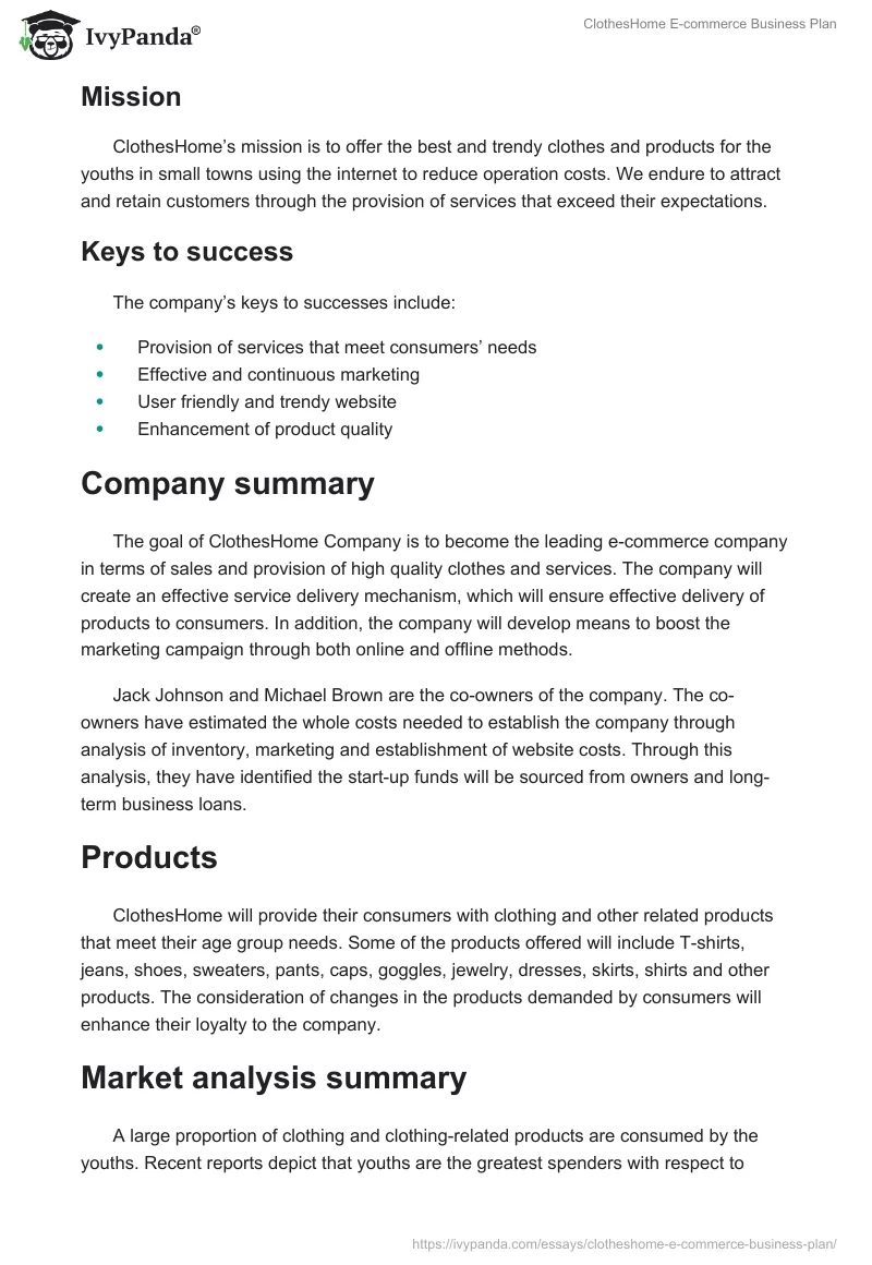 ClothesHome E-Commerce Business Plan. Page 2