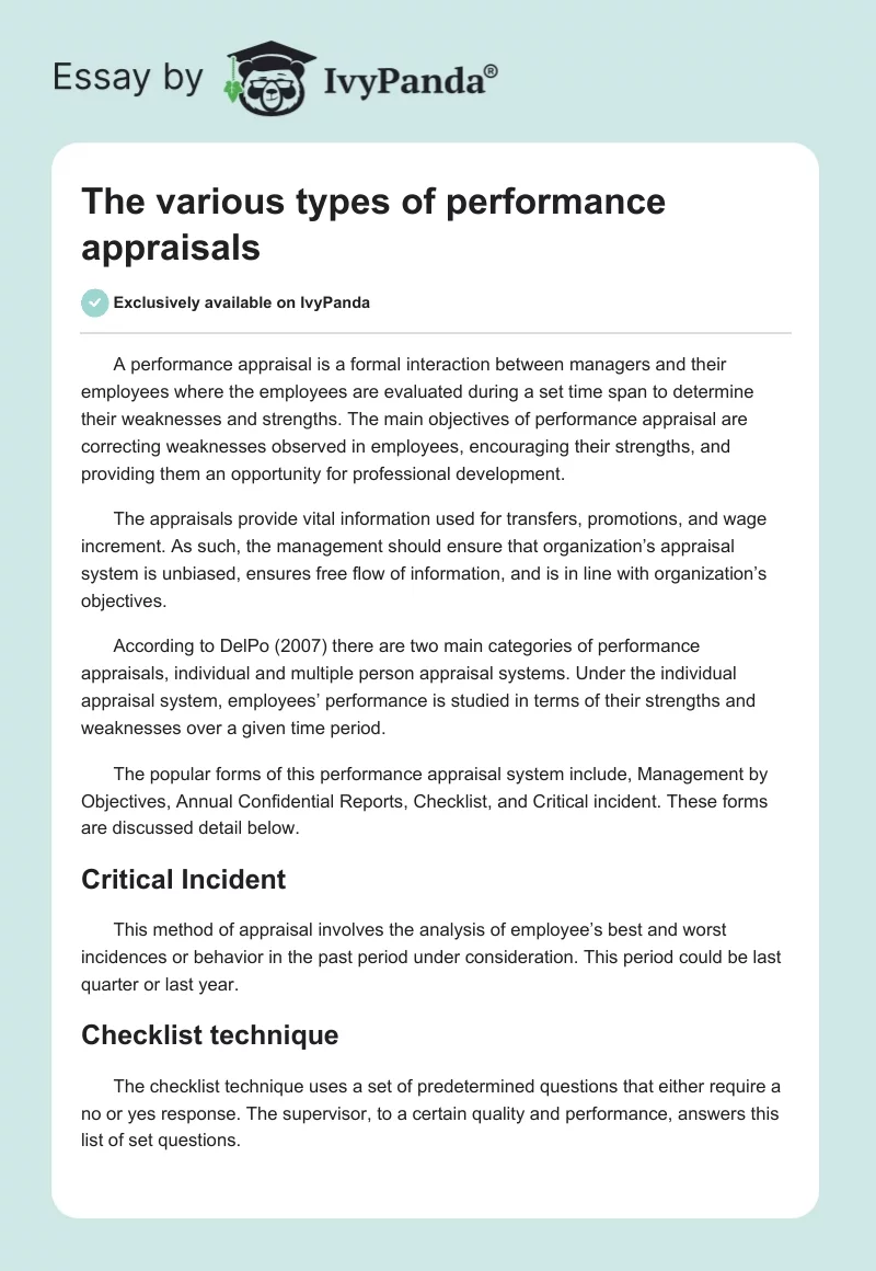 The Various Types of Performance Appraisals. Page 1