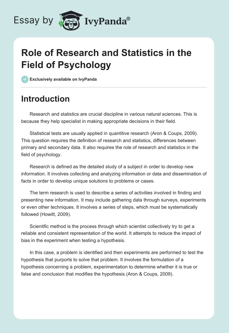 Role of Research and Statistics in the Field of Psychology. Page 1