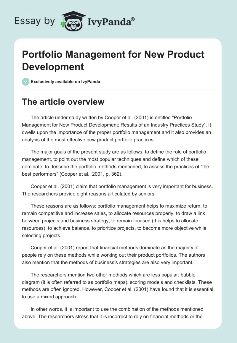 Portfolio Management for New Product Development. Page 1