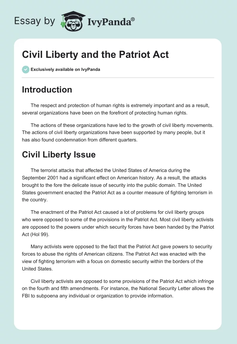 Civil Liberty and the Patriot Act. Page 1