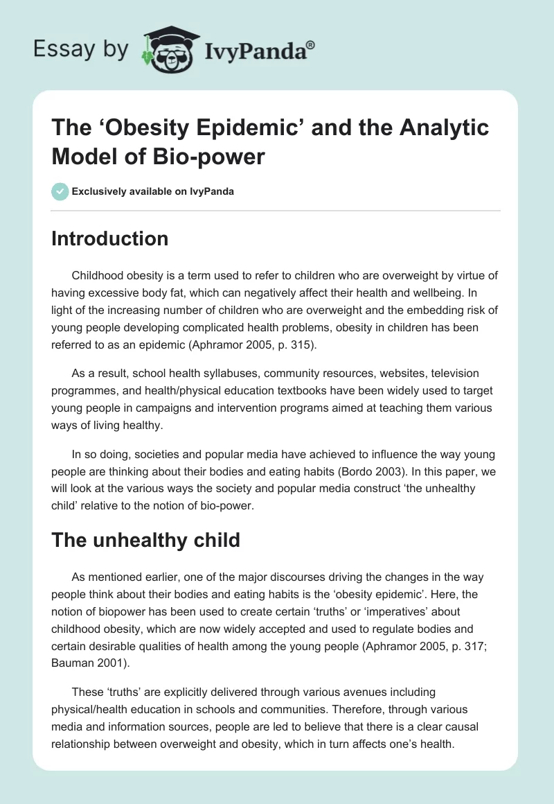 The ‘Obesity Epidemic’ and the Analytic Model of Bio-Power. Page 1