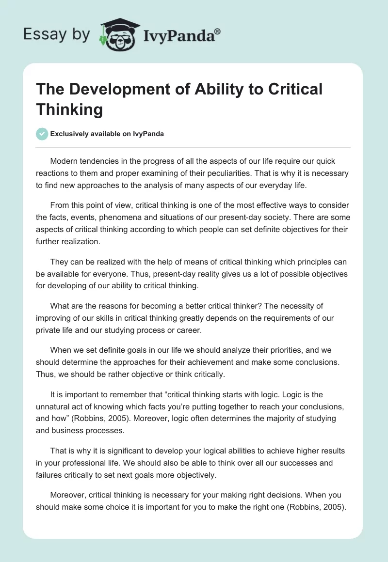 The Development of Ability to Critical Thinking. Page 1