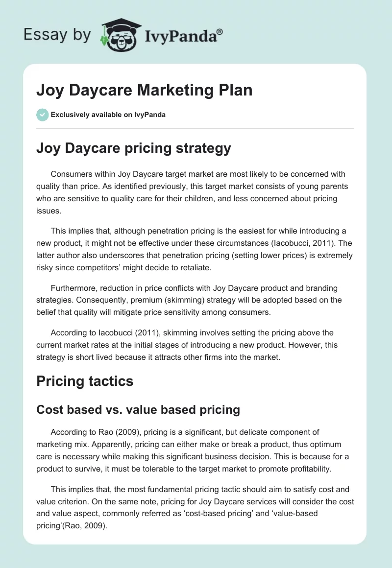 Joy Daycare Marketing Plan. Page 1