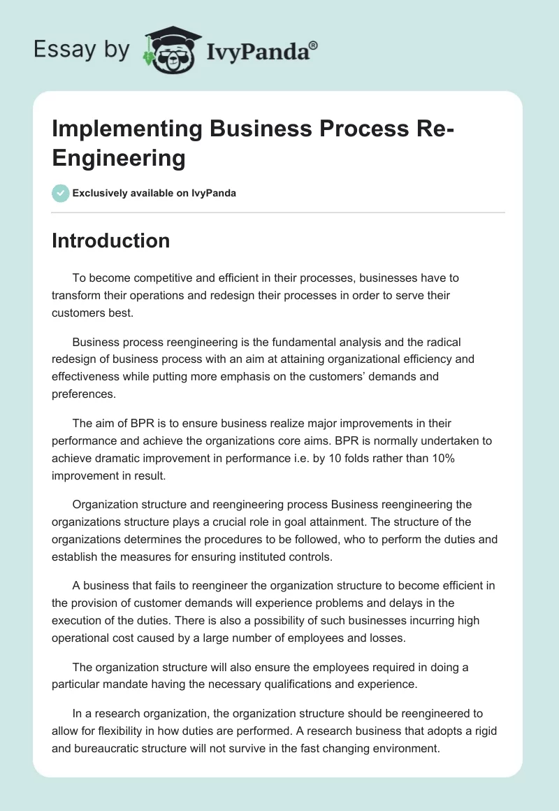 Implementing Business Process Re-Engineering. Page 1