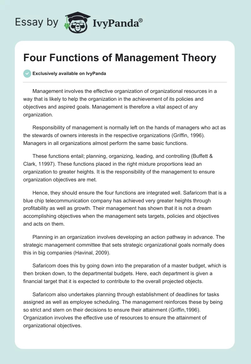 Four Functions of Management Theory. Page 1