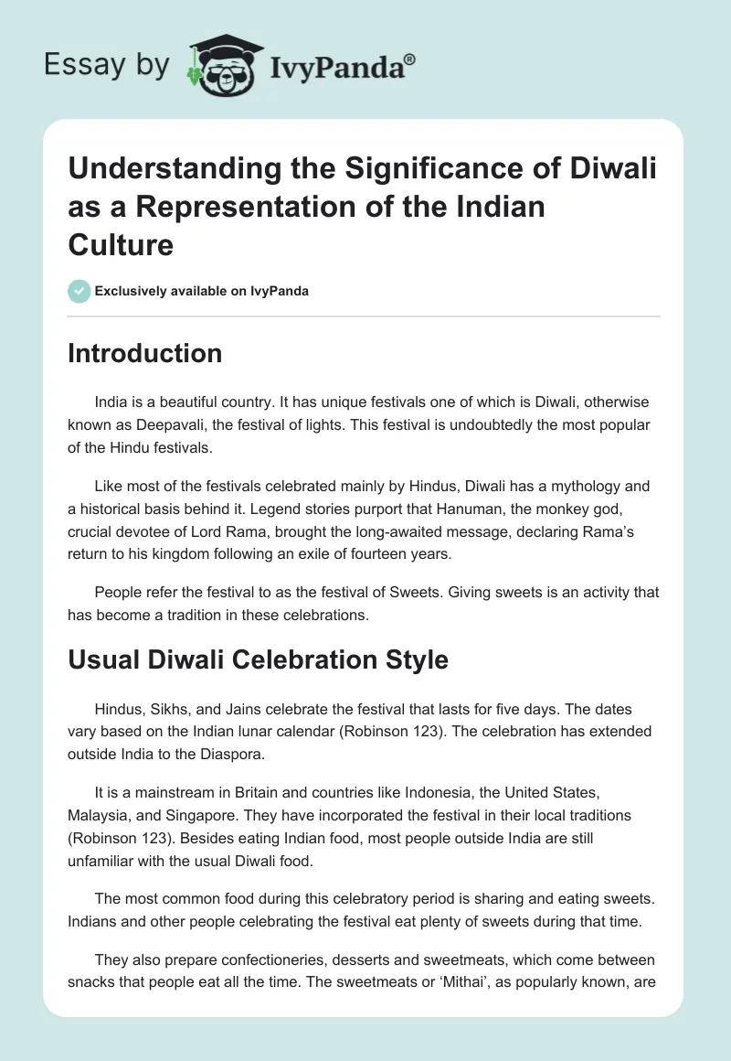 Understanding the Significance of Diwali as a Representation of the Indian Culture. Page 1