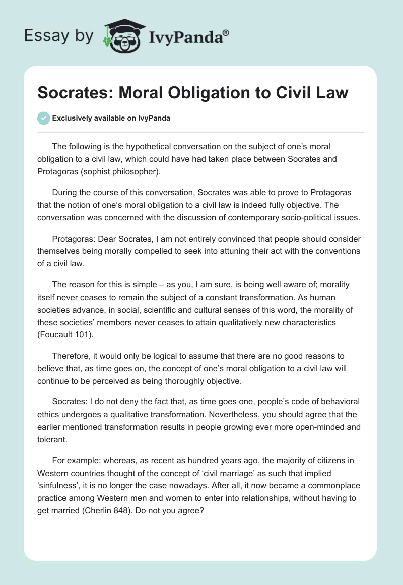 Socrates: Moral Obligation to Civil Law. Page 1