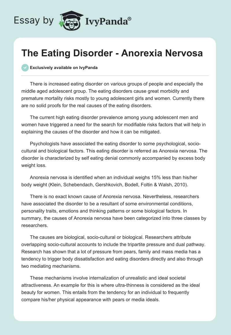 The Eating Disorder - Anorexia Nervosa. Page 1