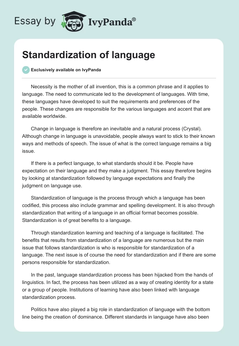 Standardization of language. Page 1