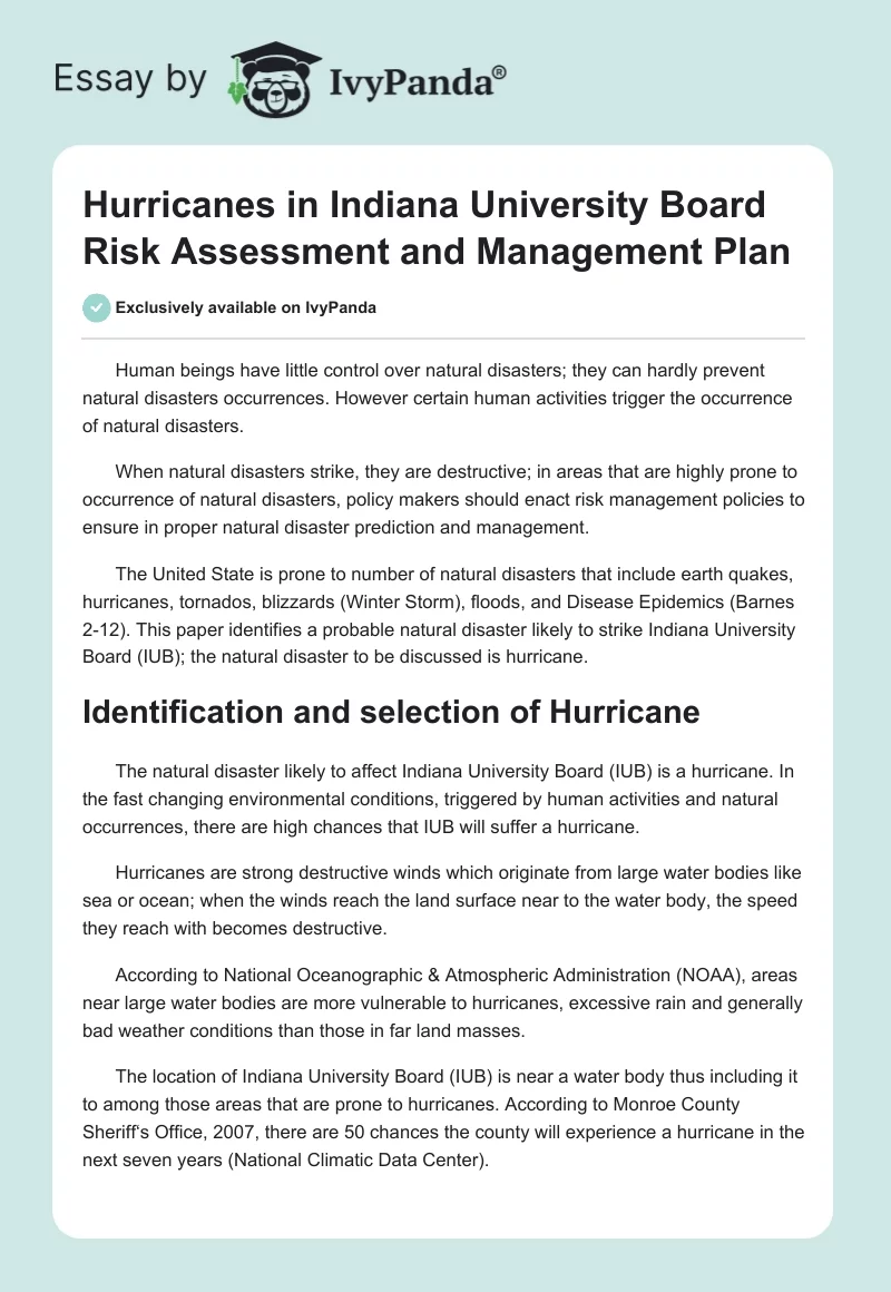 Hurricanes in Indiana University Board Risk Assessment and Management Plan. Page 1