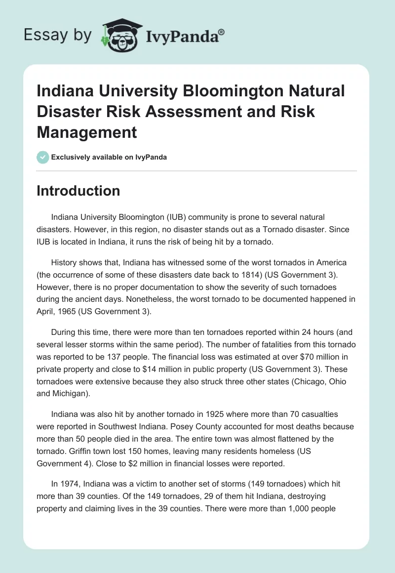 Indiana University Bloomington Natural Disaster Risk Assessment and Risk Management. Page 1