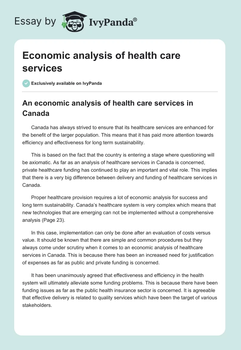Economic analysis of health care services. Page 1