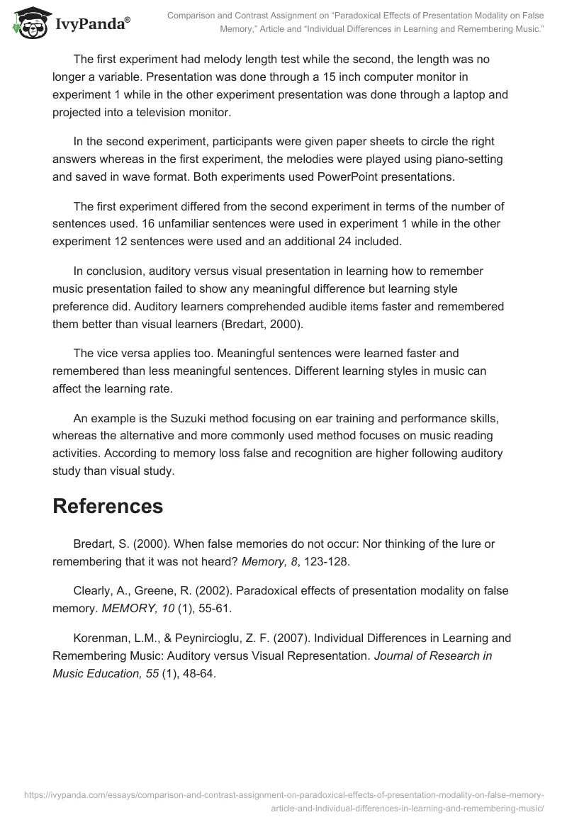 Comparison and Contrast Assignment on “Paradoxical Effects of Presentation Modality on False Memory,” Article and “Individual Differences in Learning and Remembering Music.”. Page 3