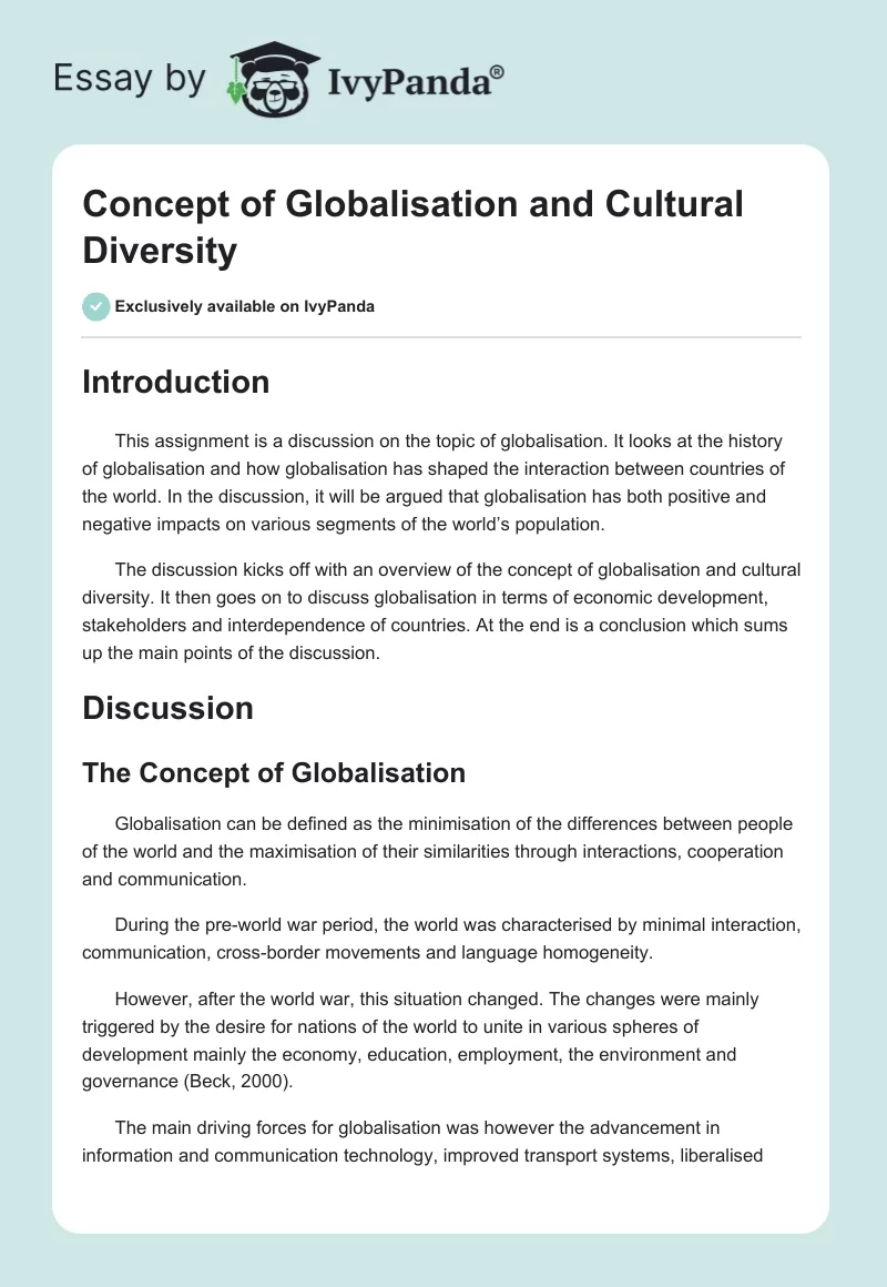 Concept of Globalisation and Cultural Diversity. Page 1