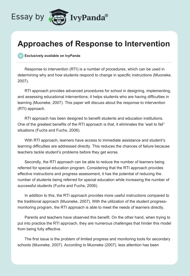 Approaches of Response to Intervention. Page 1