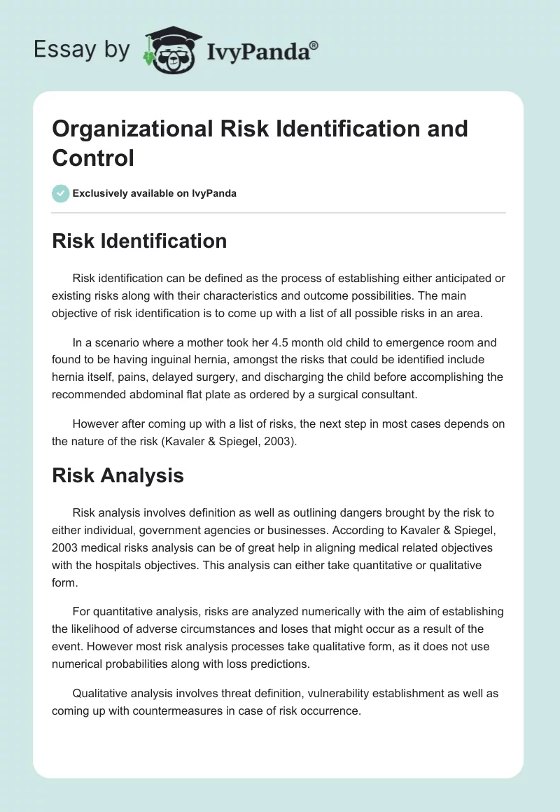 Organizational Risk Identification and Control. Page 1