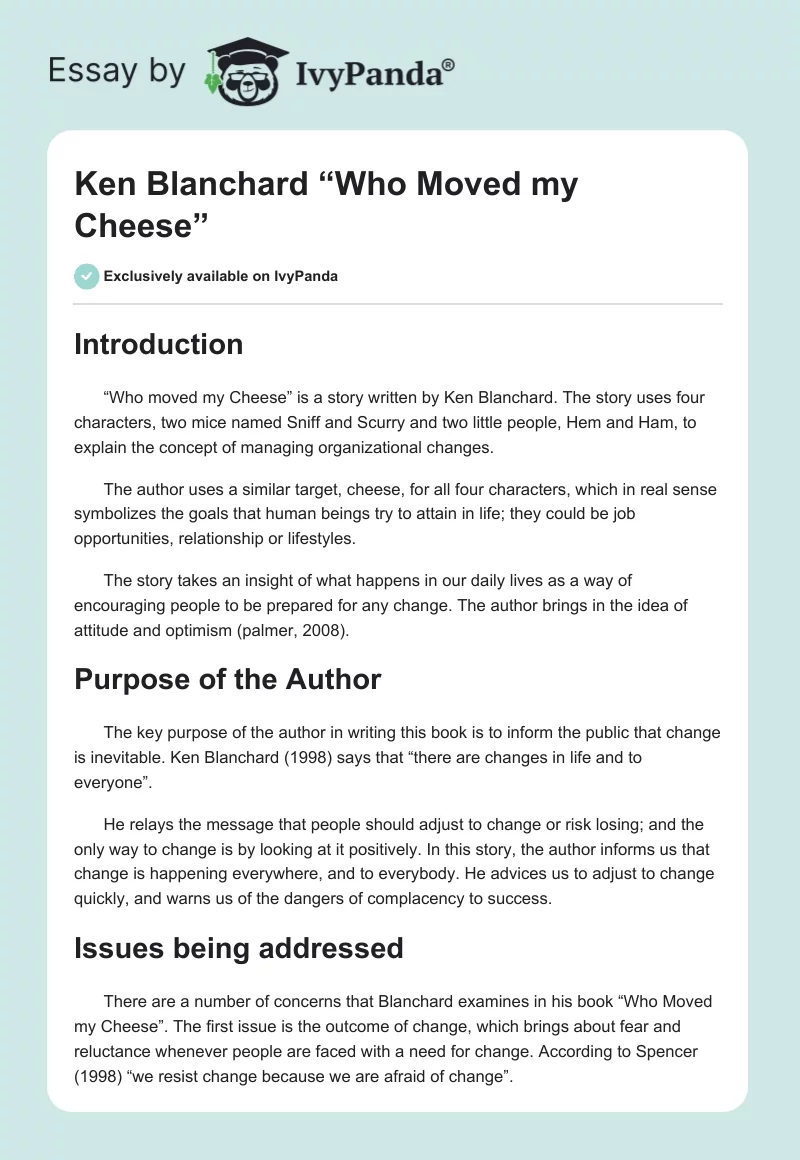 Ken Blanchard “Who Moved my Cheese”. Page 1