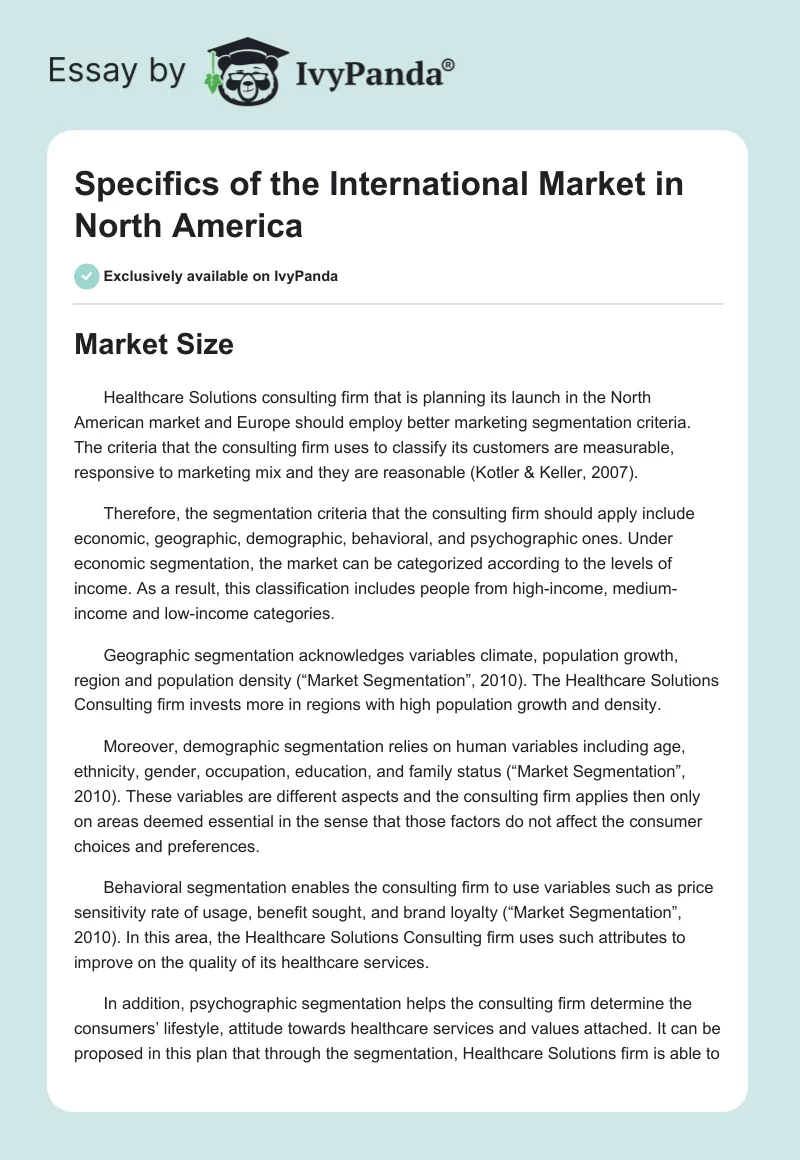 Specifics of the International Market in North America. Page 1